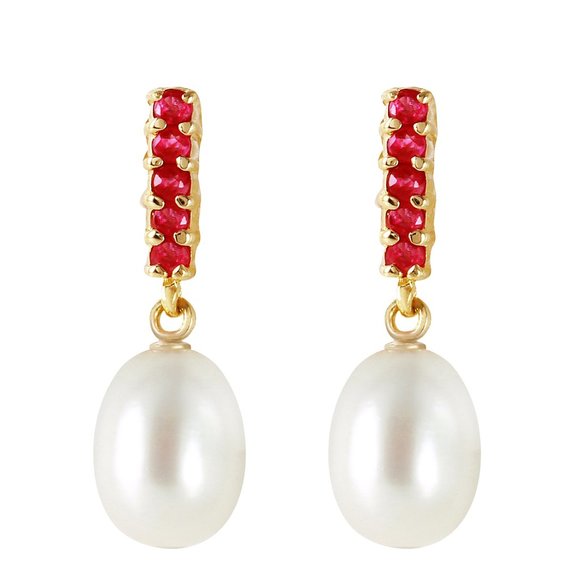 14K GOLD RUBY EARRINGS WITH DANGLING PEARLS - Picture 3 of 5